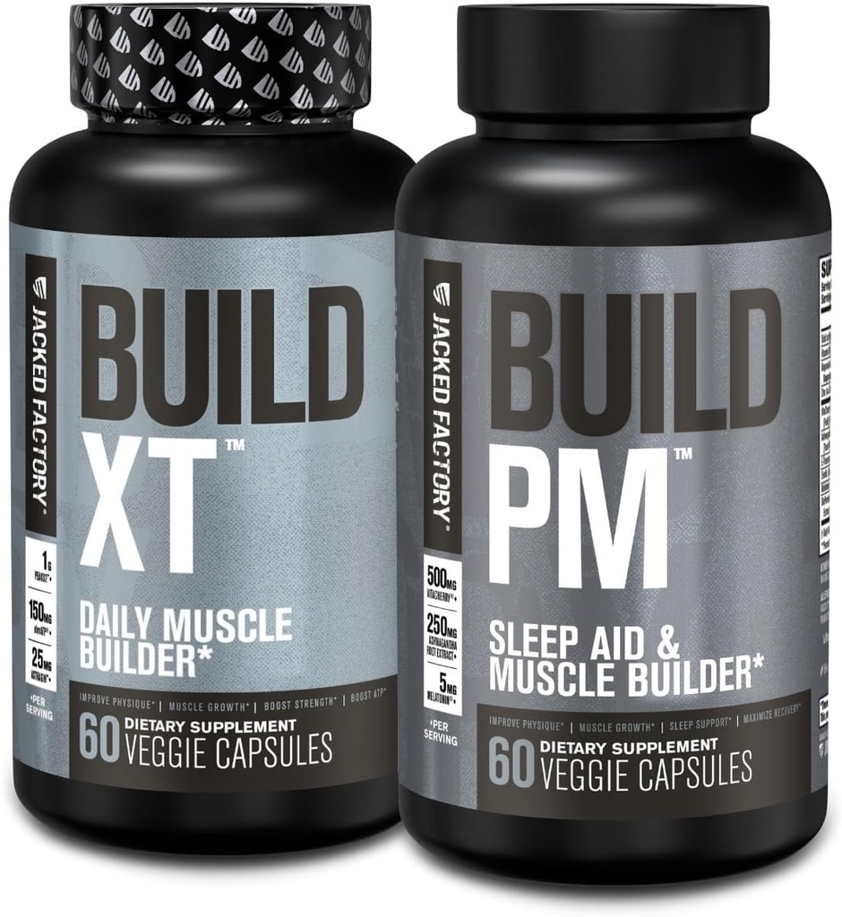 Jacked Factory AM & PM Muskelaufbau Supplement Stack - Build-XT Muskelaufbau & Build PM Nacht Muskelwachstum & Schlafhilfe