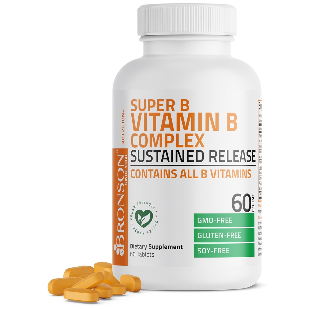 Bronson Super B Vitamin B Complex Sustained Slow Release (Vitamin B1, B2, B3, B6, B9 - Folsäure, B12) Enthält alle B Vitamine 60 Tabletten