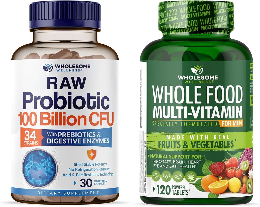 Bio Probiotics 100 Billion CFU, Dr Formuliert für Frauen und Männer + Ganzes Essen Multivitamin für Männer, natürliche Multi Vitamine, Mineralien, Bio-Extrakte Bundle