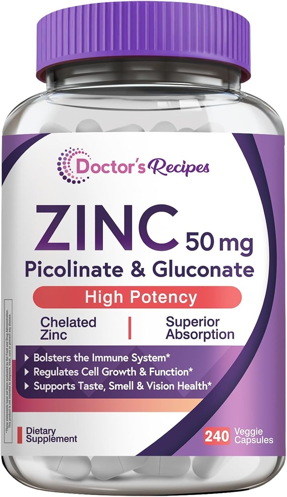 Die Rezepte Zink 50mg, Highly Absorbable Zink Picolinate & Gluconate, unterstützt natürliche Immunabwehr, DNA & Protein Formation, Zellwachstum, Non-GMO, 240 Veggie Kapseln