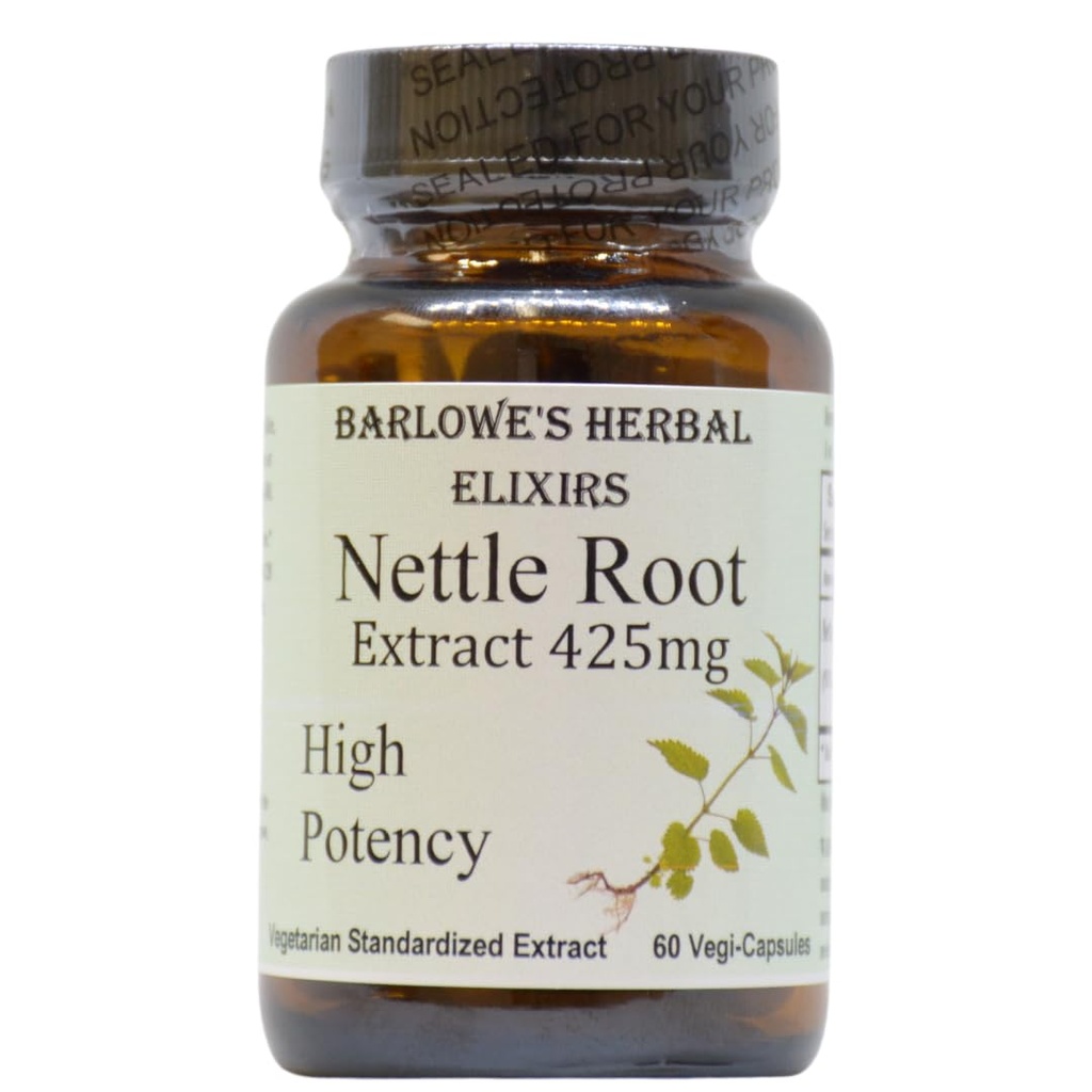 Barlowe's Herbal Elixirs Nettle Root Extract (extrait de racine) Urtica Dioica avec 95% 3,4-Divanillyltetrahydrofuran (425mg par gélule) 60 Capsules de végétaliens sans stéarate (Bouteilles en verre)