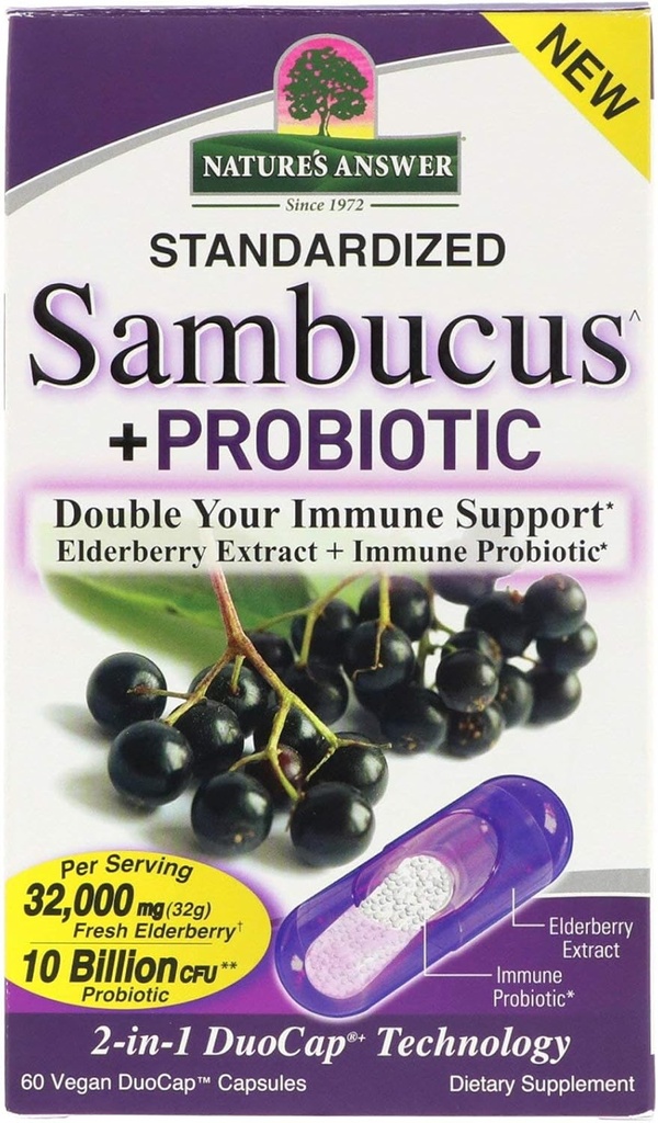 Nature's Answer Sambucus + Probiotic | New 2-in-1 Double Your Immune Support | 32.000mg Standardisierte Frische Elderberry Duo Cap mit 10 Billion CFU Probiotic | Glutenfrei, Non-GMO | 60 Vegan Capsules
