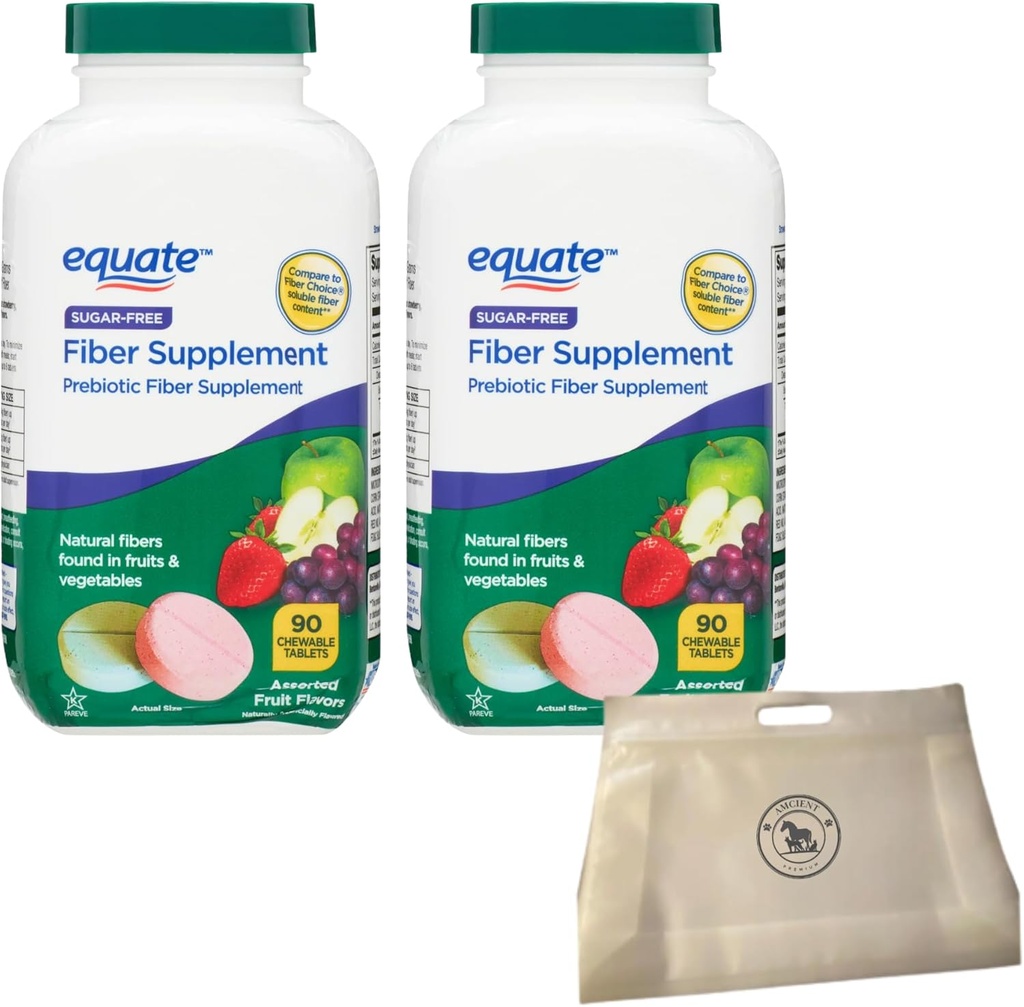 Equate tägliche Fiber Zucker Kostenlose Prebiotic 90 Kautabletten (2 Packs) Bundle mit wiederverwendbaren Lebensmittelbeutel