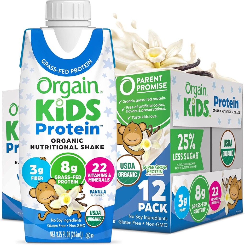 Orgain Organic Kids Nutritional Protein Shake, Vanille, Gesunde Kinder Snacks, 8g Dairy Protein, 3g Fiber, 22 Vitamine & Minerals, Keine Soja Zutaten, Glutenfrei, Non-GMO, 8.25 Fl Oz (Pack von 12)