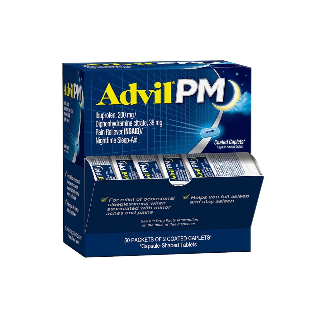 Advil PM analgésique et aide au sommeil de nuit, anti-douleur avec Ibuprofène pour soulager la douleur et diphénhydramine Citrate pour un aide au sommeil - 50x2 Caplets enduits