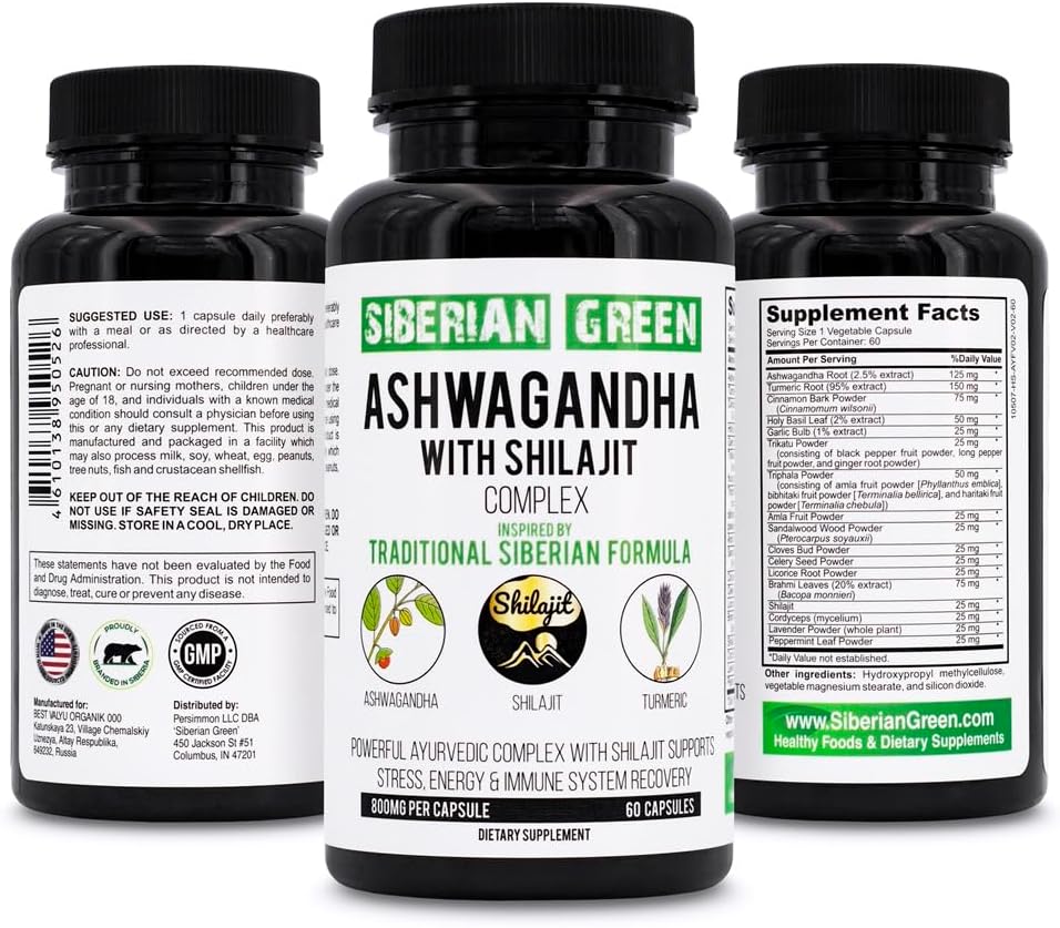 Sibirische grüne Ashwagandha mit Altai Shilajit & Turmeric Ayurvedic Complex 60 Kapseln – Traditionelle sibirische Formel Stress Relief, Stimmung, Energieunterstützung, Immunsystem Erholung