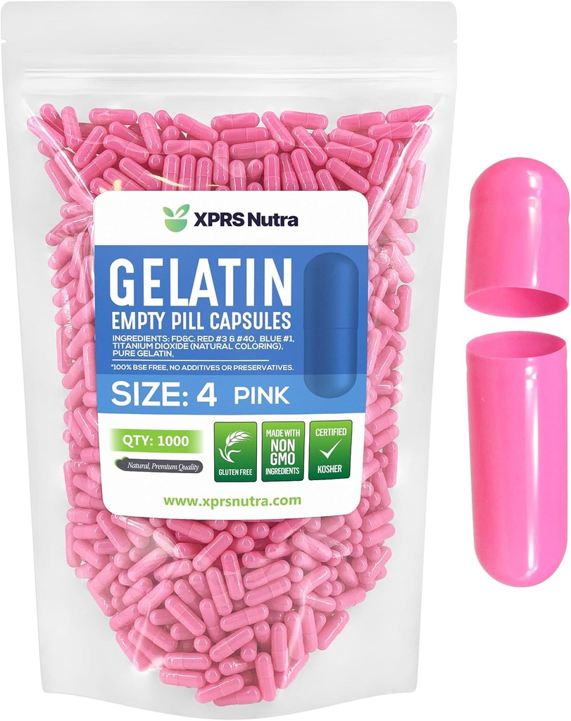 XPRS Nutra Größe 4 Leere Kapseln - 1000 Count Small Leere Gelatin Kapseln - Pillen DIY Kapsel Füllung - Fillable Pure Bovine Pill Gel Kapseln für Do-It-Yourself Ergänzungen (Pink)