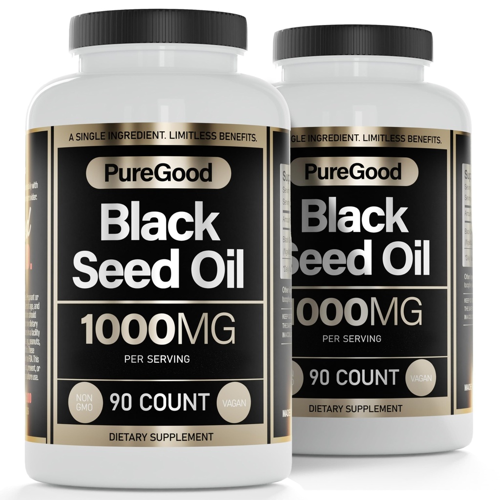 2 Pack - Capsules d'huile de graines noires, 500 Mg, Aide à la digestion haute puissance pressée à froid, 90 Comptez 100% Capsules d'huile de cumin noir pur non OGM