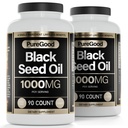 2 Pack - Capsules d'huile de graines noires, 500 Mg, Aide à la digestion haute puissance pressée à froid, 90 Comptez 100% Capsules d'huile de cumin noir pur non OGM