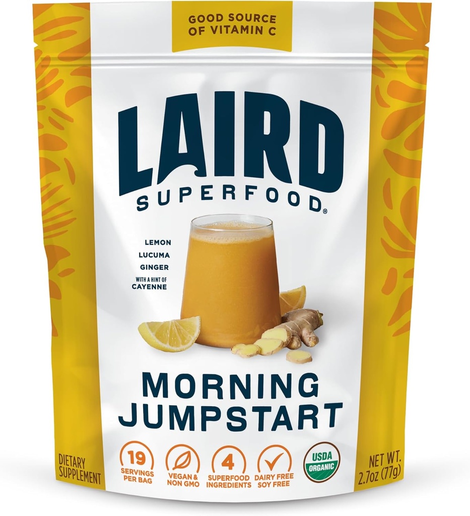 Laird Superfood Morning Jumpstart Powder Drink Supplement, Zitrone, Lucuma, Ginger und Cayenne Cleanse, Organic, 2.7 Oz Bag, 1 Packung