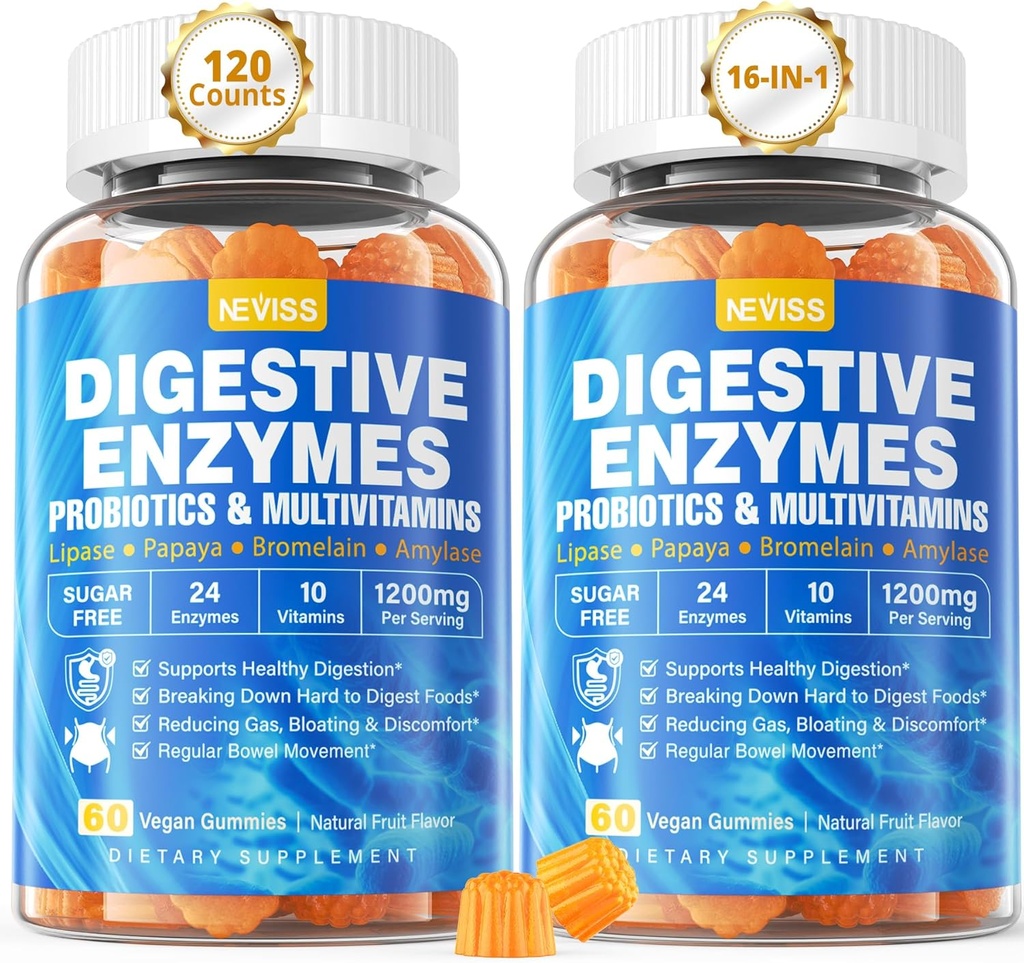 Verdauungsenzyme mit Probiotischen Gummien, Multivitaminen, Calcium, Magnesium - Alle 24 essentiellen Kaumittel Multi Enzyme - Papaya, Lipase, Amylase, Bromelain - Breaking Down Carbs, Proteine, Fette, 2Packs
