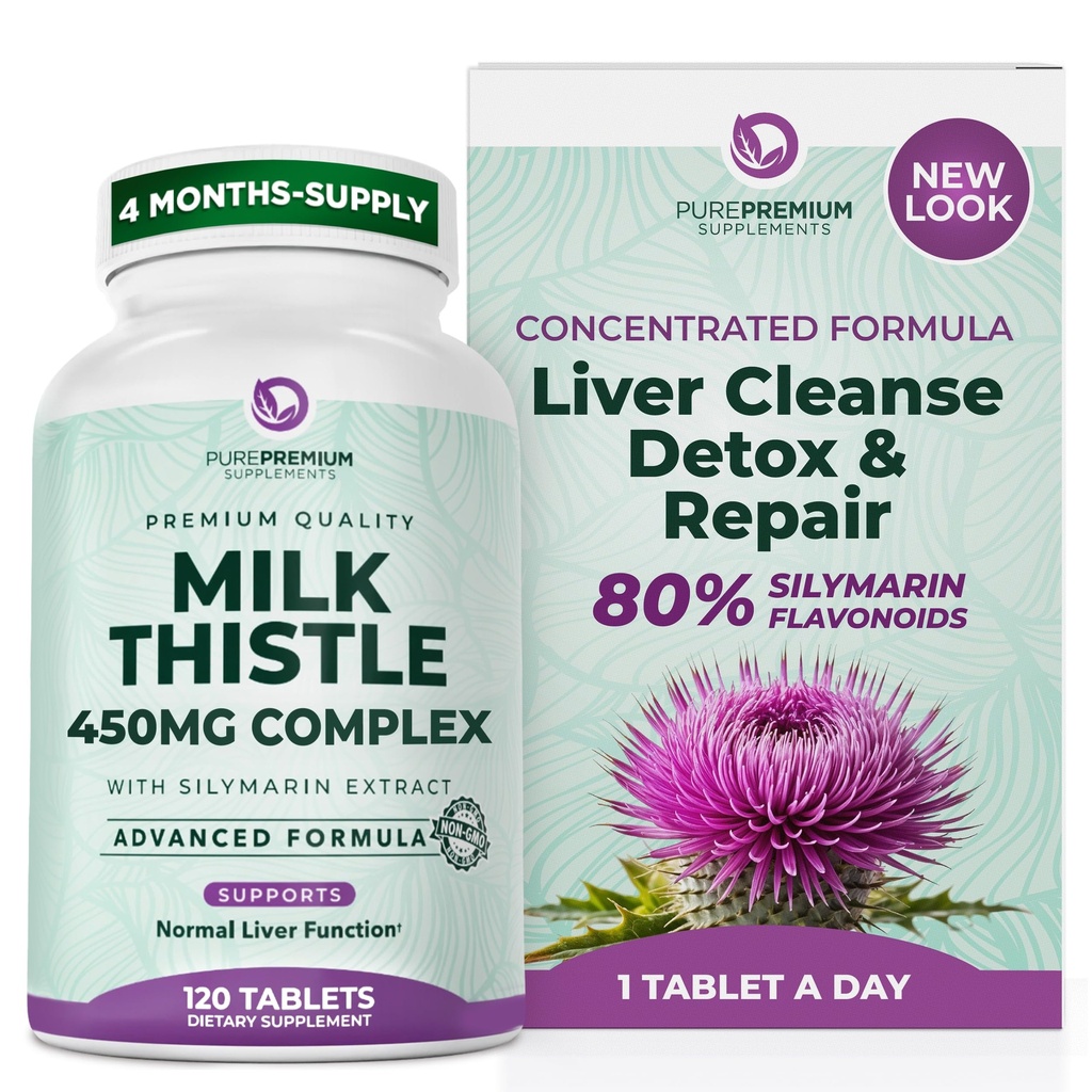 PurePremium Milk Thistle Supplement – Liver Cleanse Detox & Repair, 80% Silymarin Standardisierte Extrakt – 450mg Complex unterstützt normale Leberfunktion – Non-GMO, Glutenfrei - 120 Versorgung