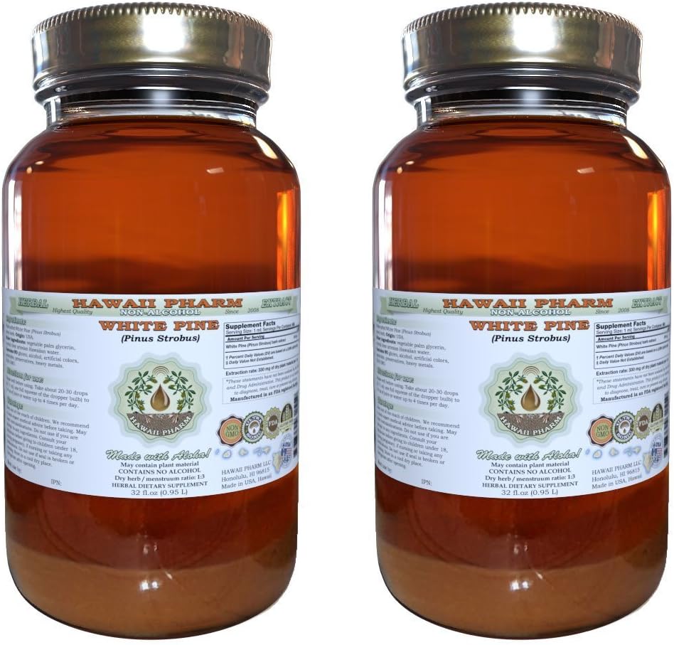 White Pine Alcohol-Free Liquid Extract, White Pine (Pinus Strobus) Dried Bark Glycerite Natural Herbal Supplement, Hawaii Pharm, USA 2x32 fl.oz