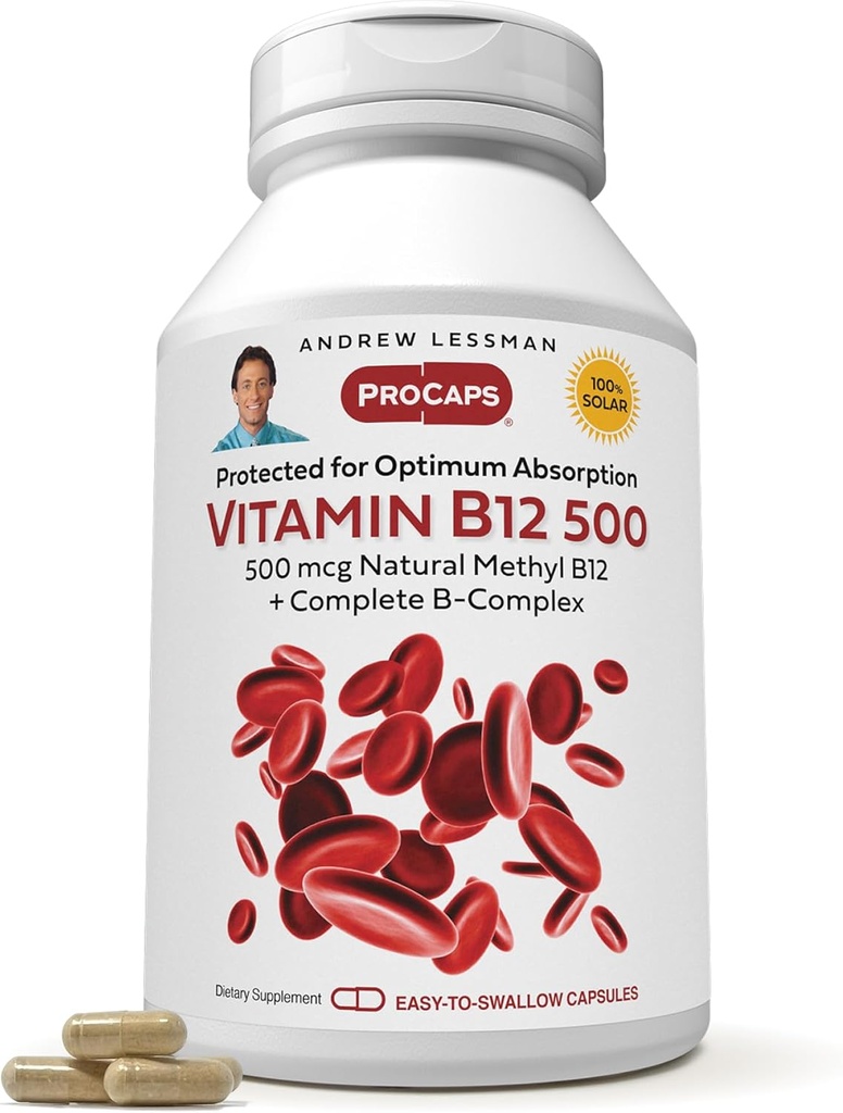 ANDREW LESSMAN Vitamin B12 500 720 Kapseln - Absorptionsgeschütztes Methylcobalamin (Natural Coenzym Vitamin B12), essentiell für Energie- und Stressunterstützung, Plus B-Komplex, einfach zu schlucken Kapseln