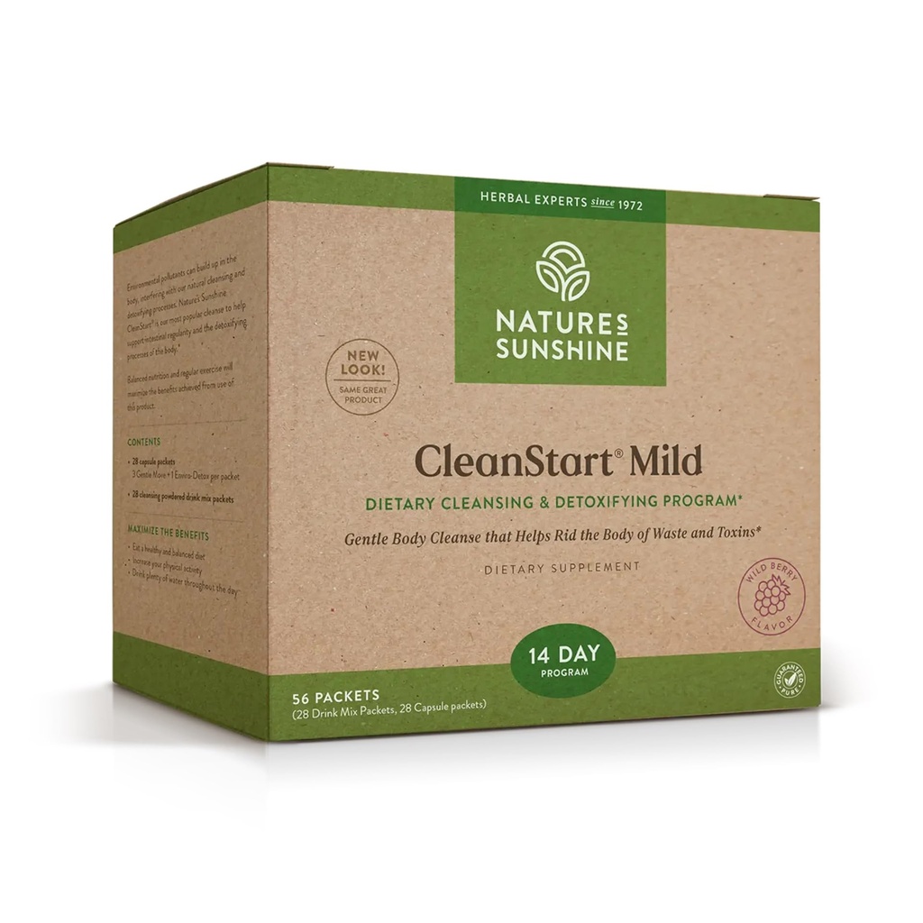 Nature's Sunshine CleanStart Mild, 56 packets.Détox à base de plantes puissant qui soutient le nettoyage naturel et quotidien des déchets du corps