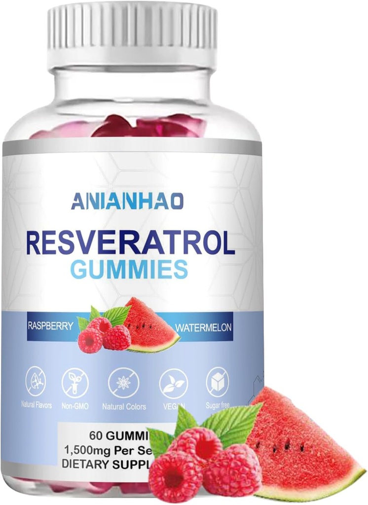 Resveratrol sans sucre Gummies, Potent 1500mg Resveratrol Supplément, Soutien Digestion et santé immunitaire, Régénérateur et réparation de cellules, Resveratrol Supplément pour le soutien antioxydant