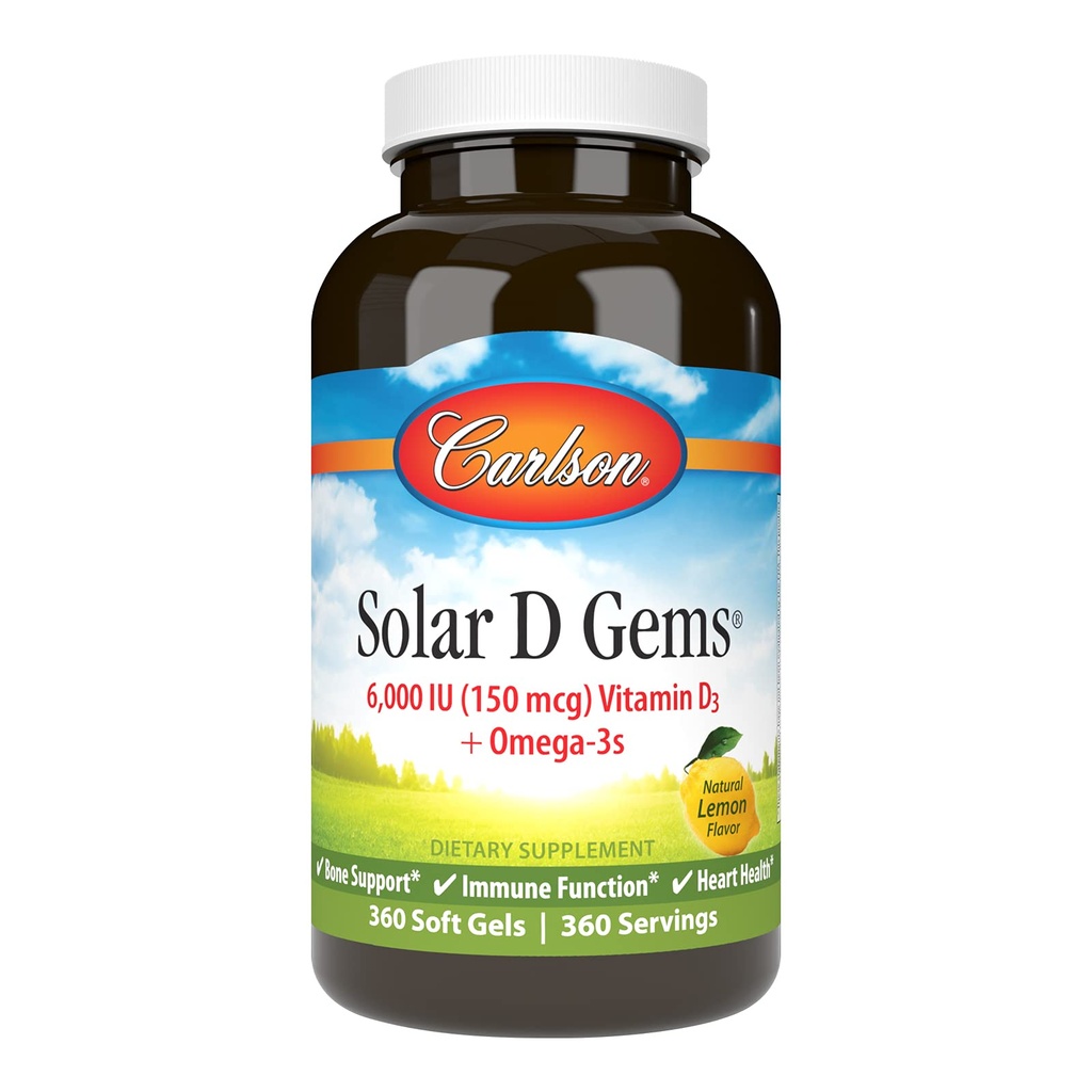 Carlson - Solar D Gems, Vitamin D3 and Omega-3 Supplement, 6000 IU (150 mcg) Vitamin D3, 115 mg Omega-3s EPA and DHA Supplement, Wild Caught, Sustainably Sourced, Lemon, 360 Softgels