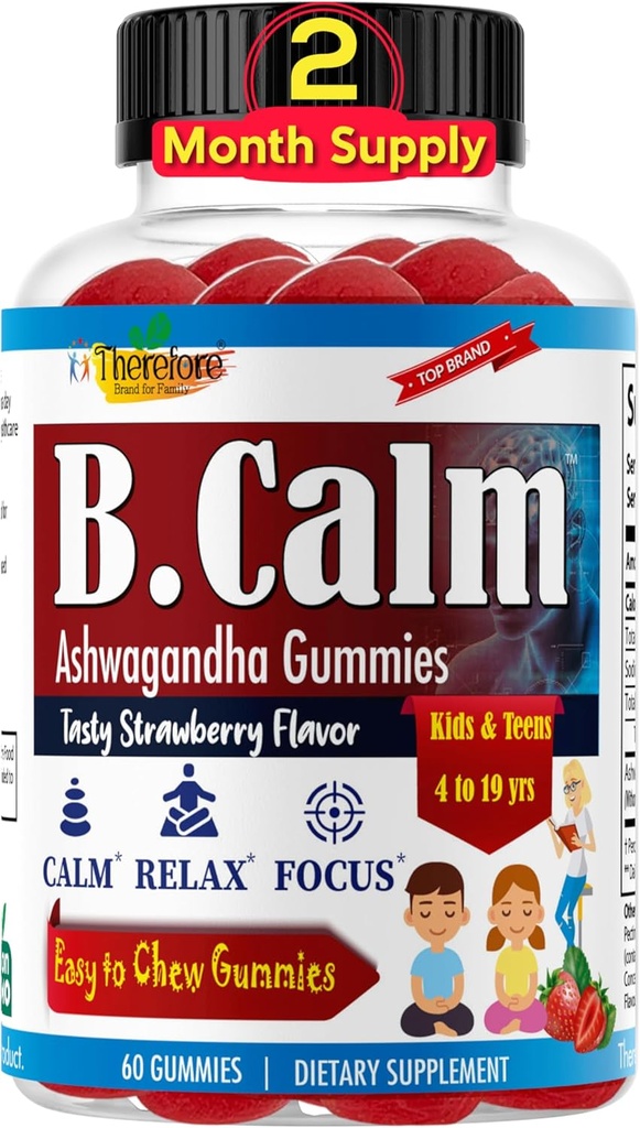 Deshalb B.Calm Kids Focus & Attention Gummis - Anti-Stress, Memory, Mood & Relaxation- Natürliche Beruhigung Ashwagandha für Kinder & Jugendliche – Fokus Vitamine für Teens – Erdbeer-Flaschen, 60 ct