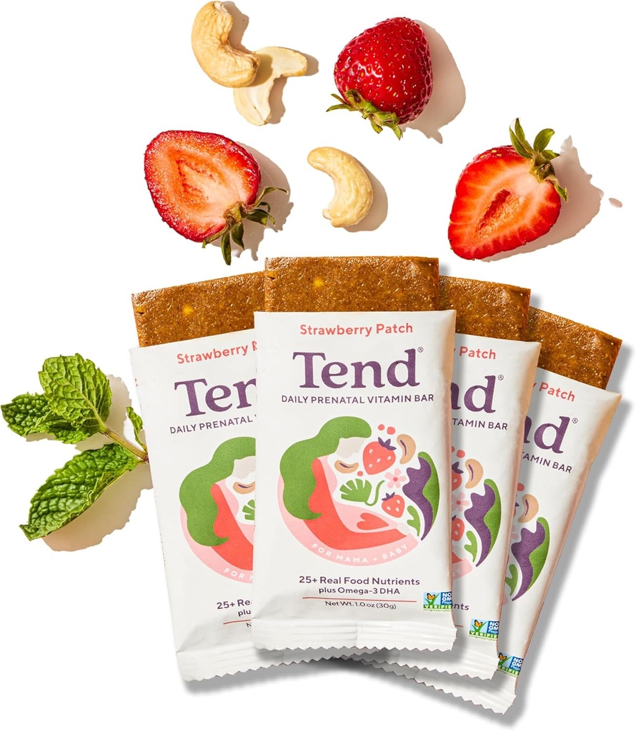 Tend Daily Best Prenatal Vitamin Bar, Hergestellt mit organischen Zutaten für schwangere & Postpartum Mütter, Enthält DHA, Vitamin D, B, Choline, Folate - Erdbeeren Patch (4ct)