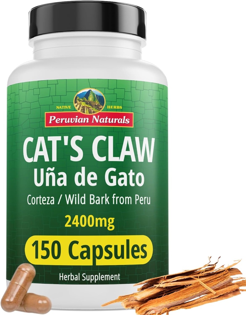 Peruvian Naturals Cat's Claw Herbal Supplement 150 Kapseln - Uña de Gato 2400mg Vegan, 100% Natürliche Katzen Krallenrinde in Peru, Non-GMO, Uncaria Tomentosa UNA de Gato