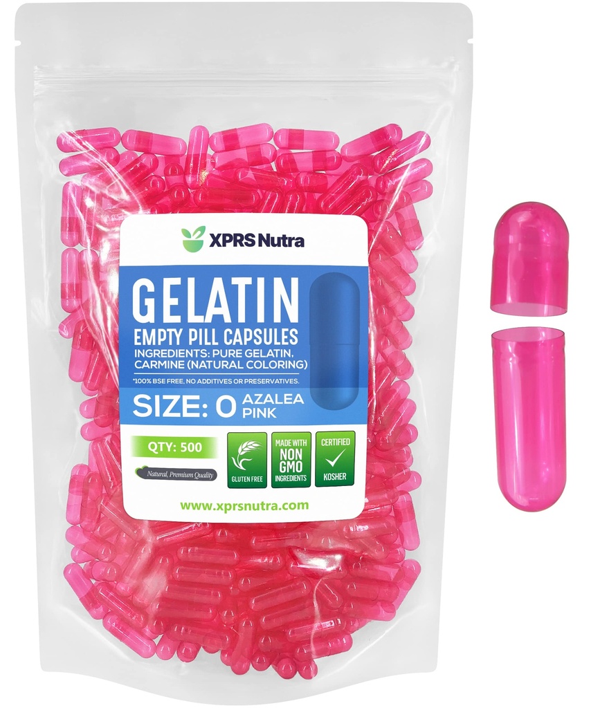 XPRS Nutra Größe 0 Leere Kapseln - 500 Graf Leere Gelatine Kapseln - Pillen DIY Kapsel Füllung - Pure Bovine Pill Gel Kapseln für Do-It-Yourself Ergänzungen (Azalea Pink)