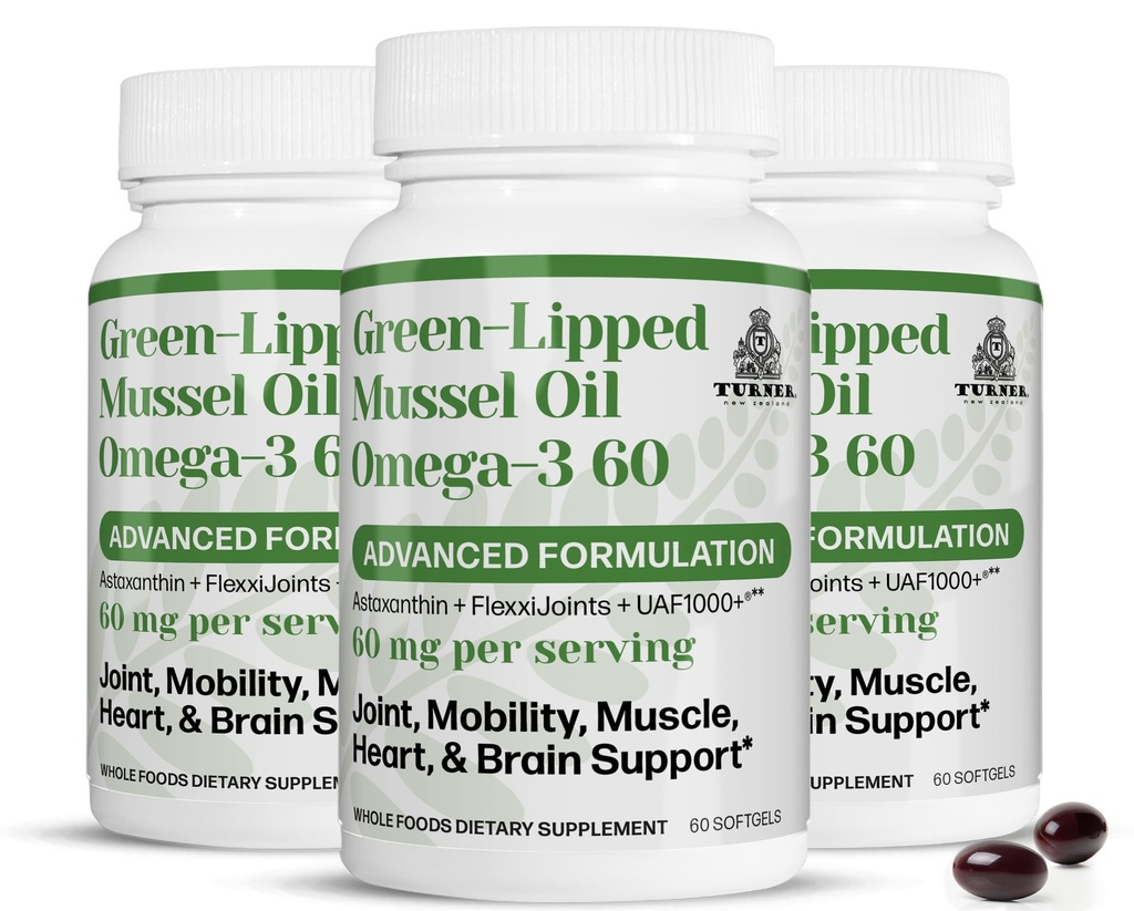TURNER New Zealand Green Lipped Omega-3 Mussel Öl, 53x Höhere Potenz mit UAF1000+ Super Antioxidant. No Fishy Nachgeschmack, 3 Flaschen, 180 Softgels