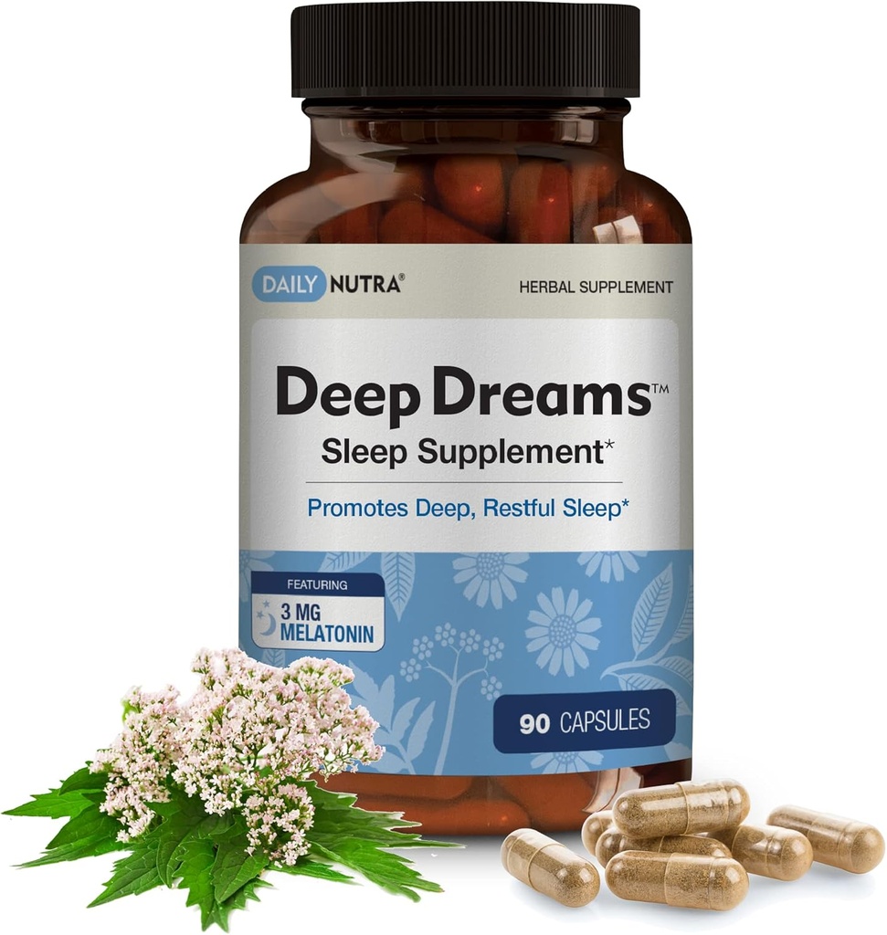 Deep Dreams ~ Natural Sleep Supplement - Promotes Deep, Restful Sleep - Blend of Melatonin, L-Tryptophan, Apigenin, Valerian, Chamomile, & Passionflower (90 Kapseln)