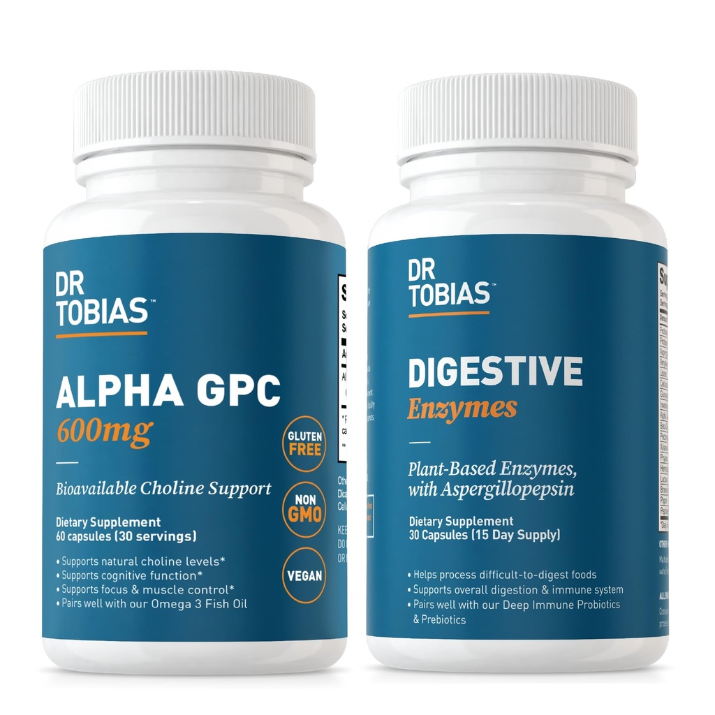 Dr Tobias Alpha GPC & Enzymes Digestifs - Soutien Fonction cognitive et Santé Gut quotidien avec Supplément Choline Biodisponible et Enzymes Premium pour Digestion, Non-OGM