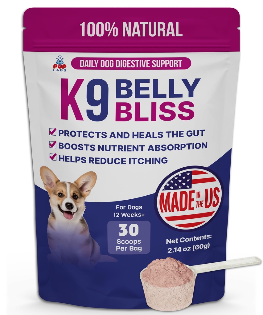 K9 Belly Bliss, All-Natural Gut Gesundheit für Hunde, Vet zugelassen Prebiotic für Hunde für tägliche Verdauungsunterstützung und Hundevergütung Relief, einfach zu bedienen Topper für trockene und nasse Lebensmittel, 30 Scoops.