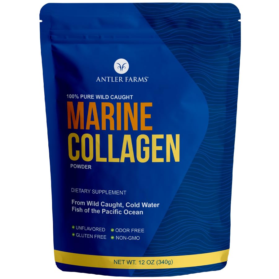 Fermes Antler - 100% pur, propre en poudre de collagène marin de l'éperlan sauvage du Pacifique, 12 oz – soluble dans les liquides chauds ou froids, hautement biodisponible, absorption rapide, sans goût ni odeur
