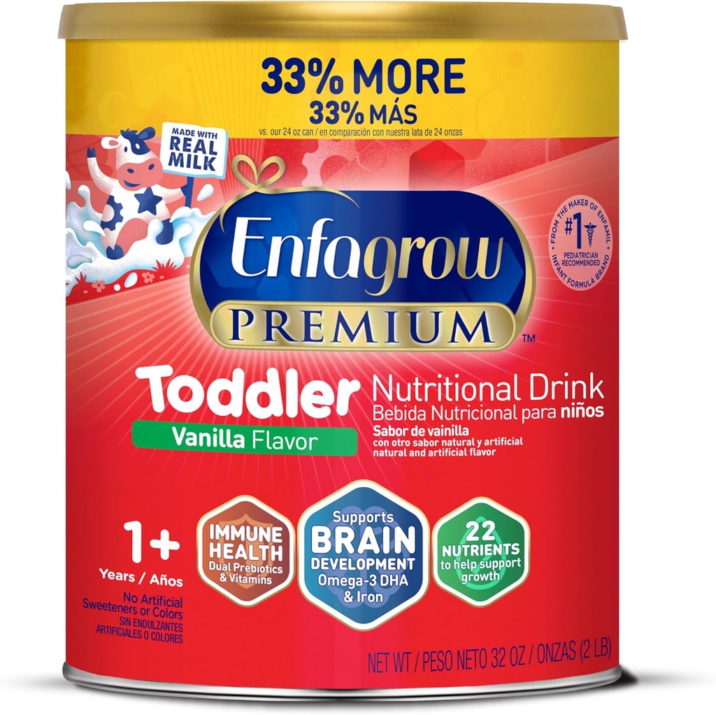 Enfagrow Premium Kleinkind Nutritional Drink, Natural Vanilla Flavor, Omega-3 DHA für Brain Support, Prebiotics & Vitamine für Immungesundheit, Non-GMO, Powder Can, 32 Oz (Pack von 1