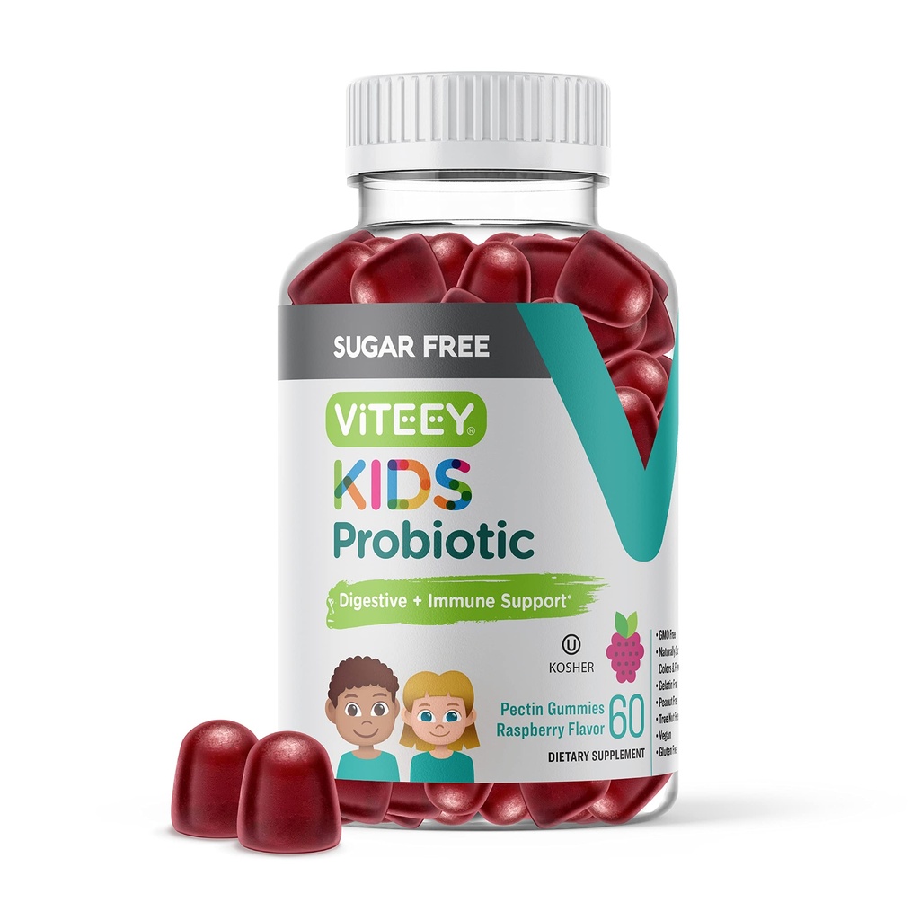 Viteey Probiotic Gummis für Kinder - 2 Billion CFUs - Probiotics Kids Constipation Relief, Natürliche Immun- und Verdauungshilfe - Vegan, Gelatin Free, GMO Free - Tasty Chewable Raspberry Flavored