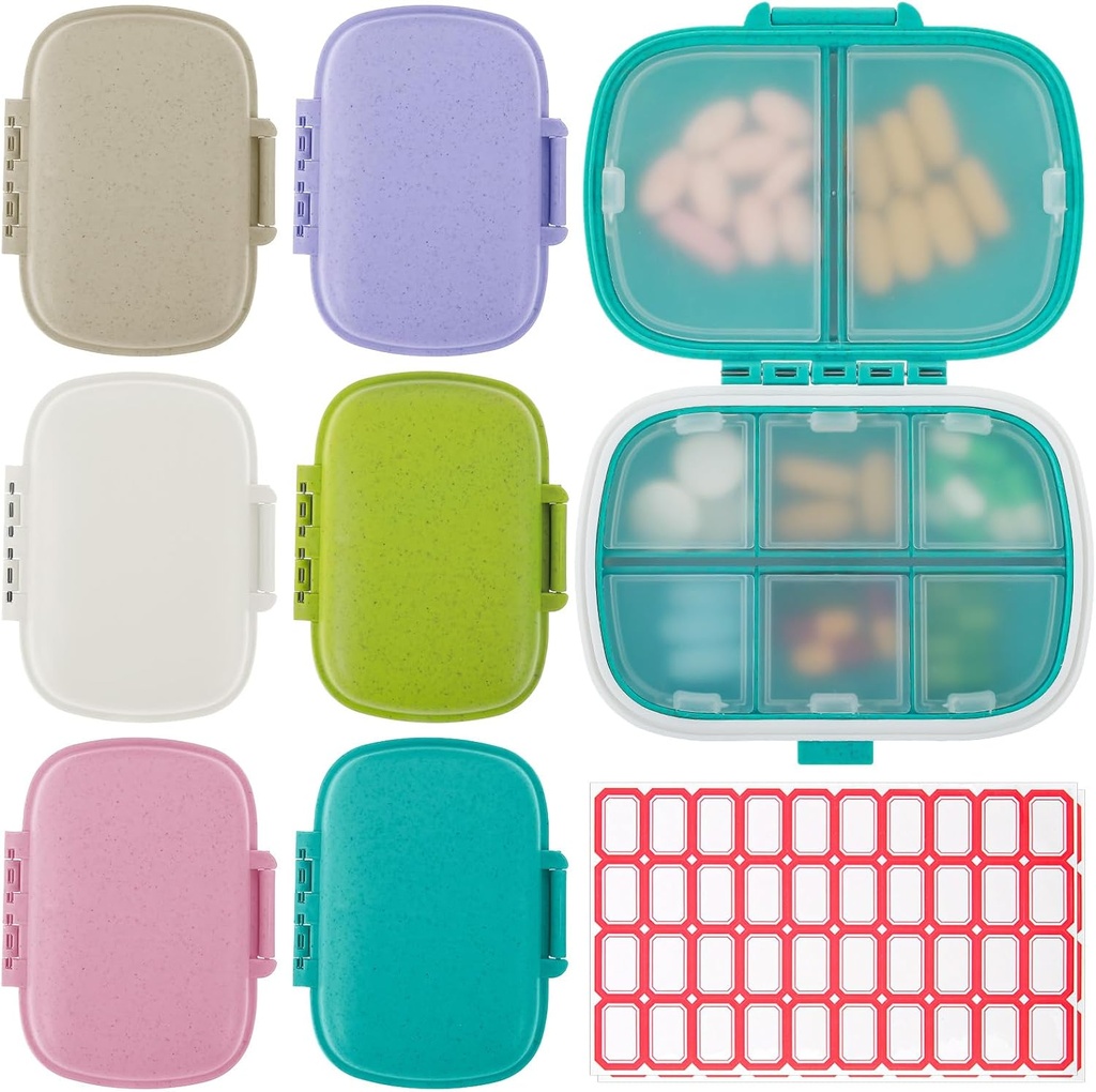 6 Pack Reise Pille Organizer 8 Komplikationen Tragbare Pille Case mit Label Small Pill Container für Pocket Purse Medizin Speicherspender wasserdichte Vitamin Holder Pill Supplement Case