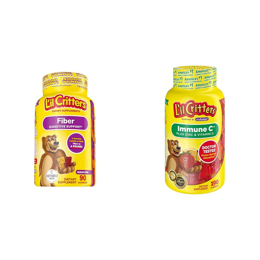 L’il Critters Fiber Daily Gummy Supplement für Kinder, für Verdauungsunterstützung, Beere und Zitronen-Flaschen & Immune C Daily Gummy Supplement Vitamin für Kinder, für Vitamin C, D und Zink für Immununterstützung