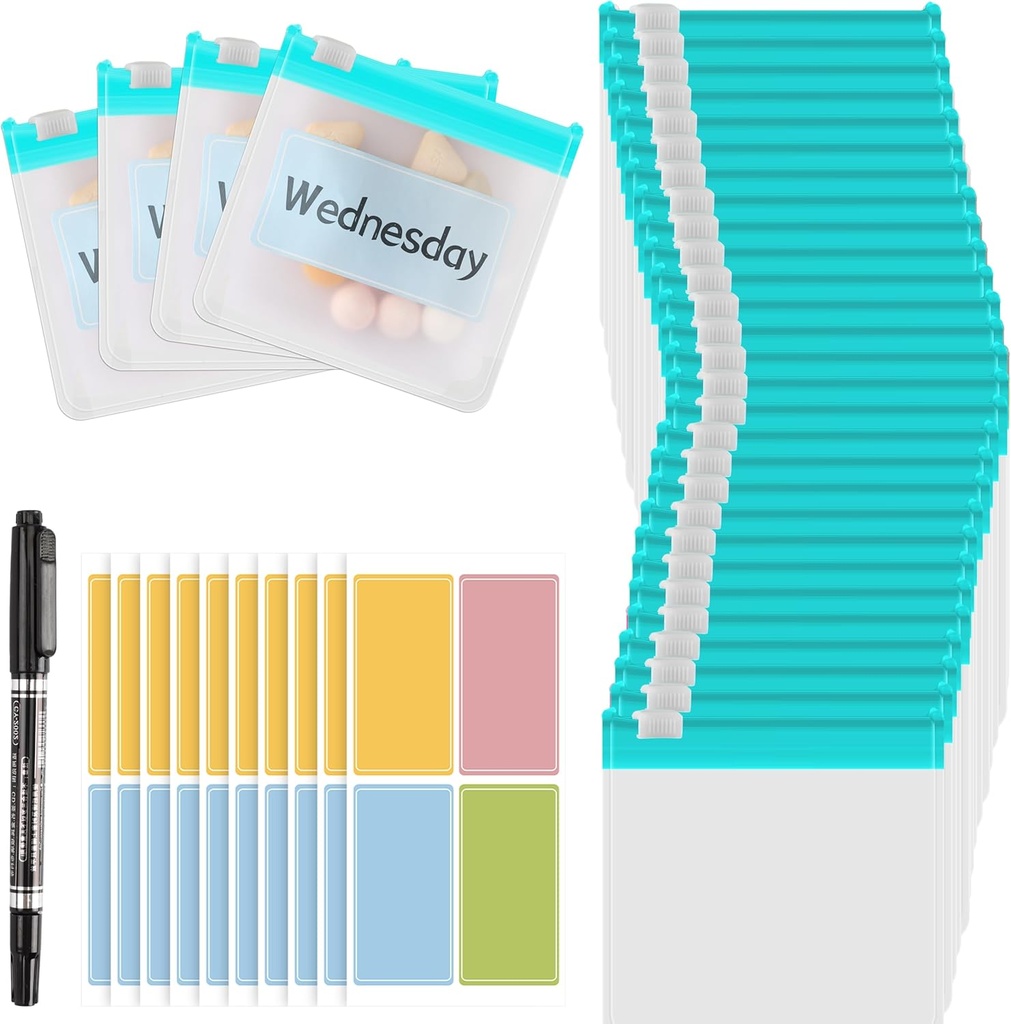 MARFOREVER 39 Pcs Pill Pouch Bags, Reusable Medicine Bags Pill Pouches Zippered Medicine Packets Travel Pill Organizer 28 Pcs Plastic Pill Bags with Slide Lock 10 Sheets Labels and 1 Pc Marker