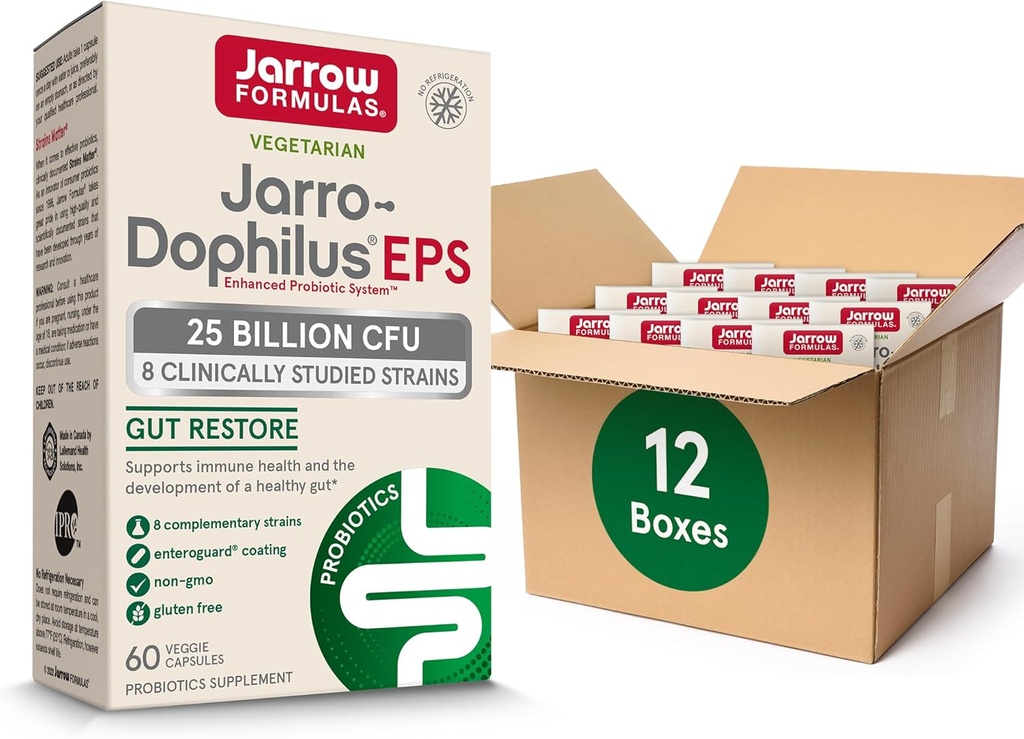 Jarrow Formeln Jarro-Dophilus EPS Probiotics 25 Billion CFU für Darmstützung, Gut Health Probiotics Ergänzungen für Frauen und Männer, 60 Veggie Kapseln, Bis zu 60 Tage Versorgung, 12 Packungen