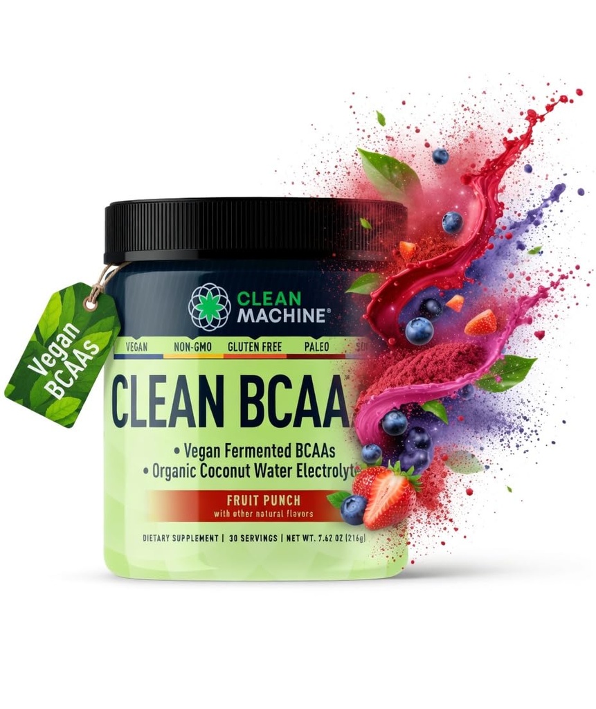 Clean BCAA - 2:1:1 Food Sourced BCAAs Powder & Coconut Water Electrolytes Recovery & Amino Energy Supplement - Award Winning Vegan Amino Acid Supplement - 30 Serviers (30, Fruit Punch)