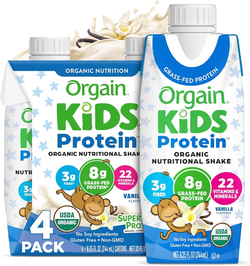 Orgain Organic Kids Protein Nutritional Shake, Vanille - 8g Protein, 22 Vitamine & Mineralstoffe, Früchte & Gemüse, Glutenfrei, Sojafrei, Non-GMO, 8.25 Fl Oz (Pack von 4)
