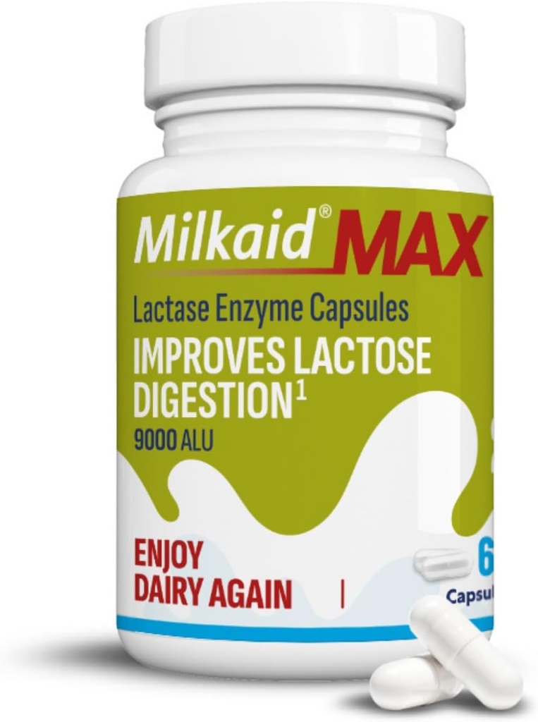 Milkaid Max Kapseln für Lactose Intolerance Relief mit Lactase Enzyme, Nahrungsergänzungsmittel zur Vermeidung von Gas, Bloating & Durchfall durch Lactose Sensitivität | 9000 ALU (60 Kapseln, entflammt)