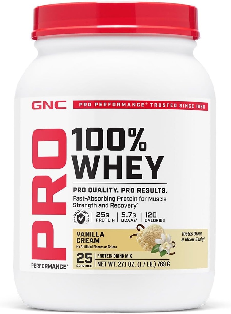 GNC Pro Performance 100% Whey Protéine Poudre 2.0, Absorbage rapide pour la force musculaire et la récupération, Vanille, 25 portions