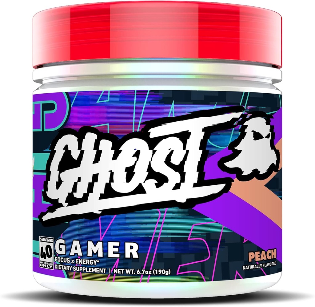 GHOST Gamer: Energy and Focus Support Formula - 40 Servierungen, Peach - Nootropics & Natural Caffeine für Aufmerksamkeit, Genauigkeit & Reaktionszeit - Vegan, Glutenfrei