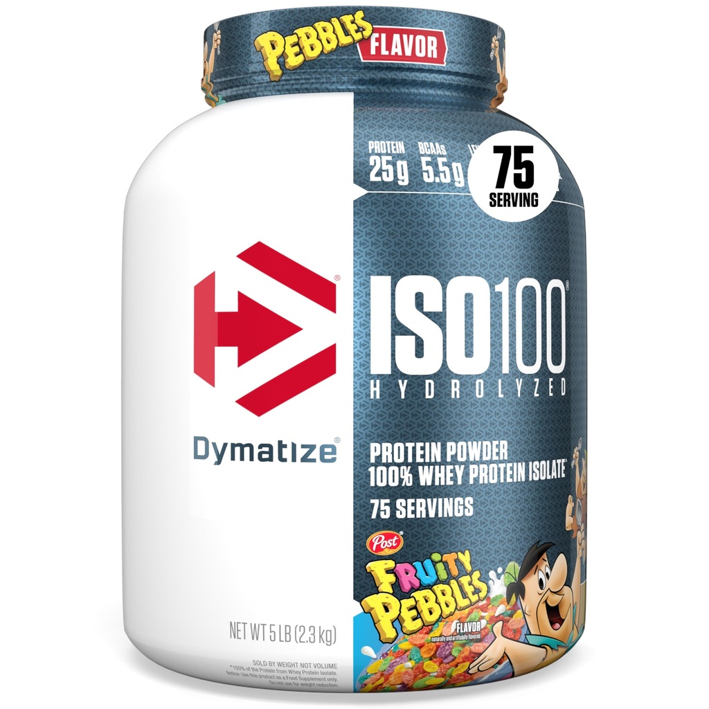 Dymatiser x Pois fruités ISO100 Poudre de protéines de lactosérum, 25g de protéines, 5,5g BCAAs, 120 Cal., sans gluten, 1g de gras, 1g de sucre, 2g de glucides (75 portions)