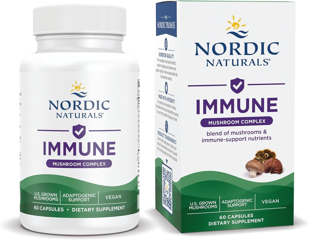 Nordic Naturals Immune Mushroom Complex, Unflavored - 60 Capsules - Support adaptogène - Mélange multi-champignons - Bien-être optimal - Non-OGM - Vegan certifié - 30 portions