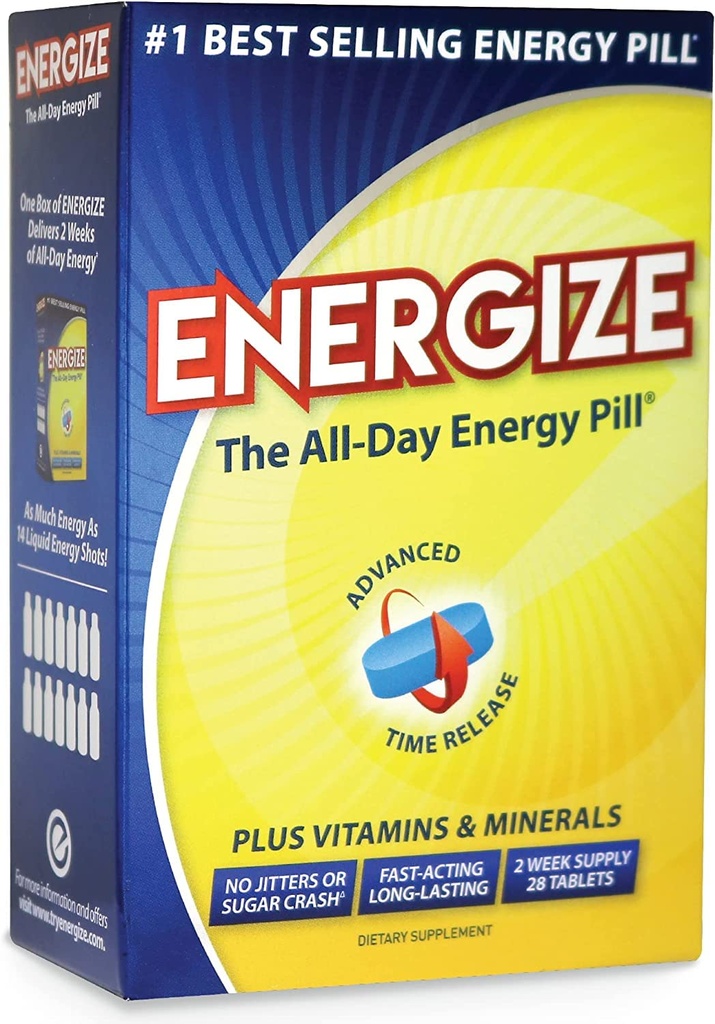 Energize Koffein Pillen - Fast Acting Energy Pille - Gesunde Fokus Gehirn Ergänzung - Verbesserte Leistung, Alertness und Klarheit - All Day Energy, No Jitters, No Crash - 28 Time Released Tablets
