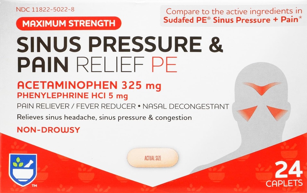 Rite Aid Sinus Druck und Schmerz-Reliever PE, Nicht-Drowsy - 24 Tabletten | Sinus Relief | Schmerz-Relief | Nasal Decongestant | Kalte Medizin für Erwachsene | Allergie-Medikament | Allergie-Relief | Mucus Relief