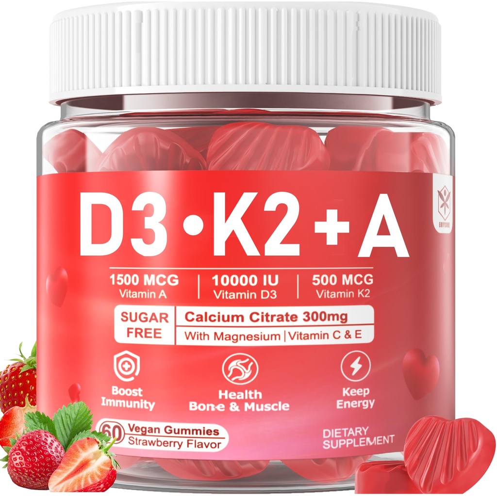 Vitamin D3 10000iu + K2 MK7 + A Gummis mit Calcium Magnesium Zink für Frauen und Männer, hohe Potenz ADK Vitamin Supplement unterstützt gesundes Immunsystem, Knochen und Vision Funktion, Zucker freie 120 Cts