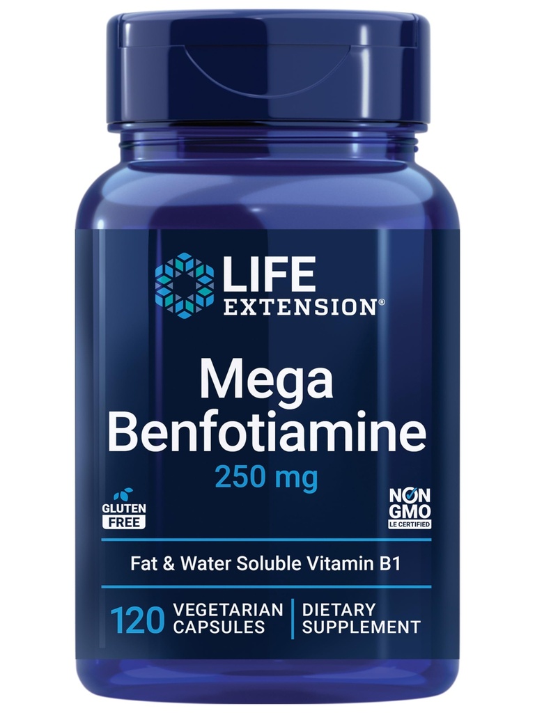 Lebensverlängerung Mega Benfotiamin, 250 mg, eine fettlösliche Form von Thiamin, Gesunder Stoffwechsel, Ultra-bioverfügbares Vitamin B1, hohe Potenz, Glutenfrei, Non-GMO, Vegetarisch, 120 Kapseln
