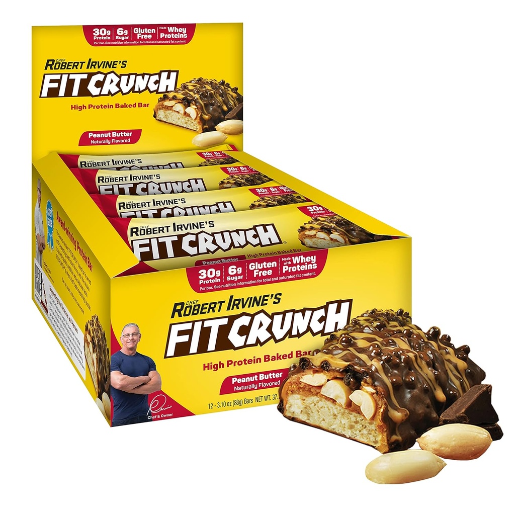 FITCRUNCH Full Size Protein Bars, 6-Layer Baked Bar, 6g Zucker, Gluten Free & Soft Cake Core (12 Bars, Peanut Butter)