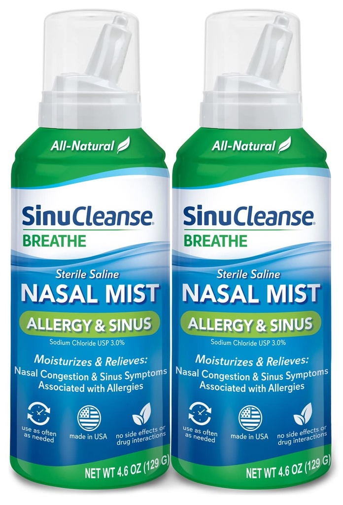 SinuCleanse Allergy & Sinus Steril Saline Nasal Spray, Ultra Fine Mist, Instant Moisturizes & Relieves Severe Nasal Congestion Aufgrund von Allergien, 4.6 Oz (2 Pack), Made in USA