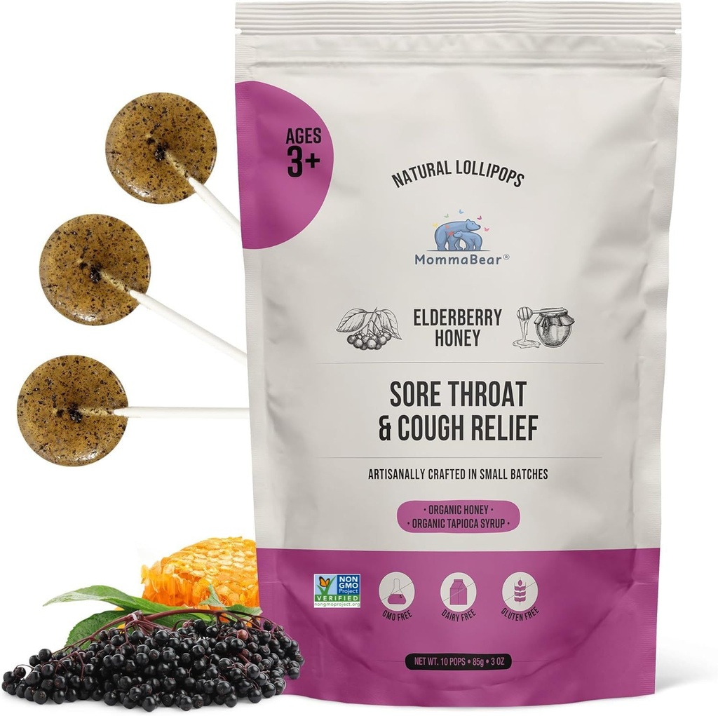 MommaBear Natural Sore Throat Relief Lollipops – Elderberry & Honey Kids Cough Lollipops – Bio Cough Kids Lolli Treats, keine künstlichen Zusatzstoffe – Stark versiegelt für Frische (10 Pack)